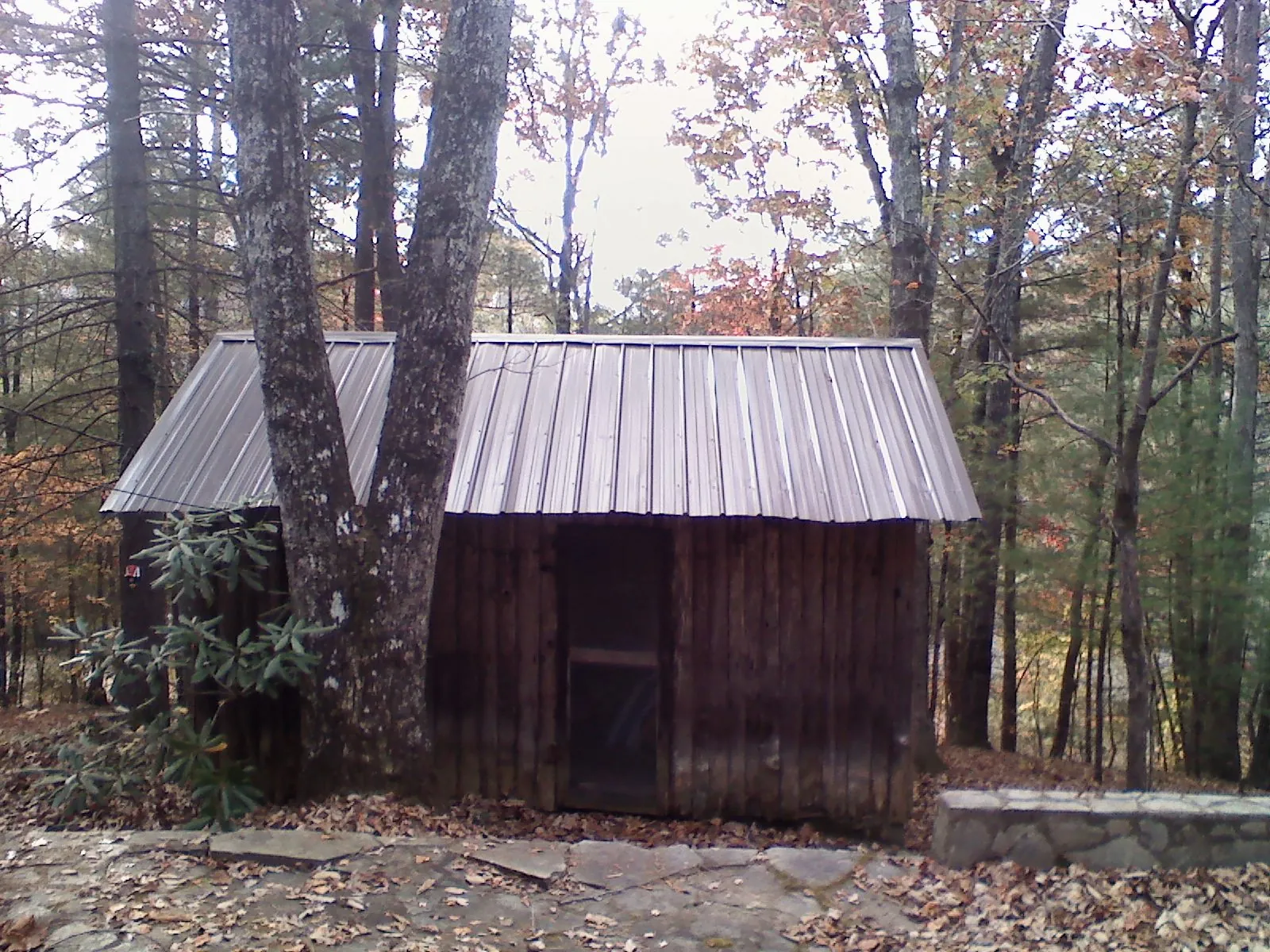 New metal gable roof on a small log shed among the trees in Franklin